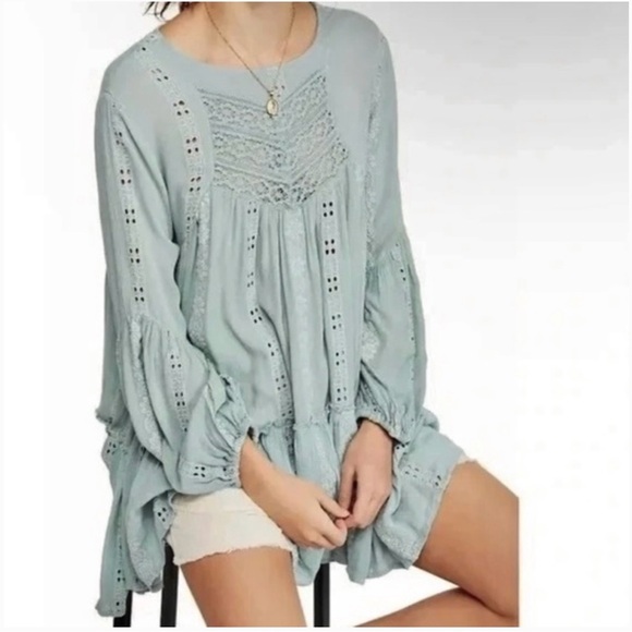 Free People Seafoam Green Embroidered Boho Tunic Dress Open Back Size SP - Picture 2 of 11